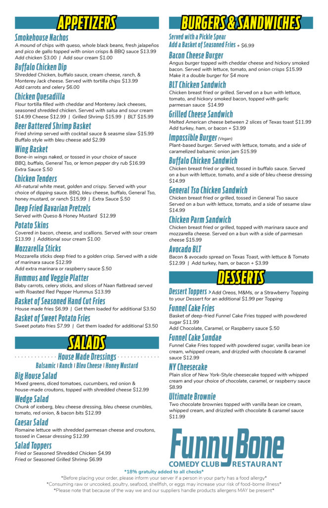 Food & Drink Menu | Albany Funny Bone Comedy Club & Restaurant